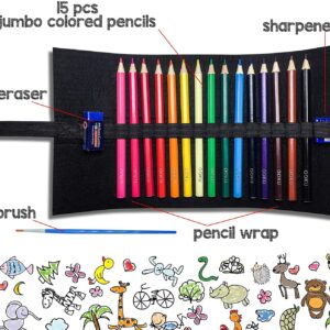 OOKU Chunky Kids Colored Pencils 15 Piece - Jumbo Chubby Easy Holding - Easy to Hold Draw Kids with Pencil Pouch, Mini Eraser, Pencil Sharpener Full 18 Piece Kit