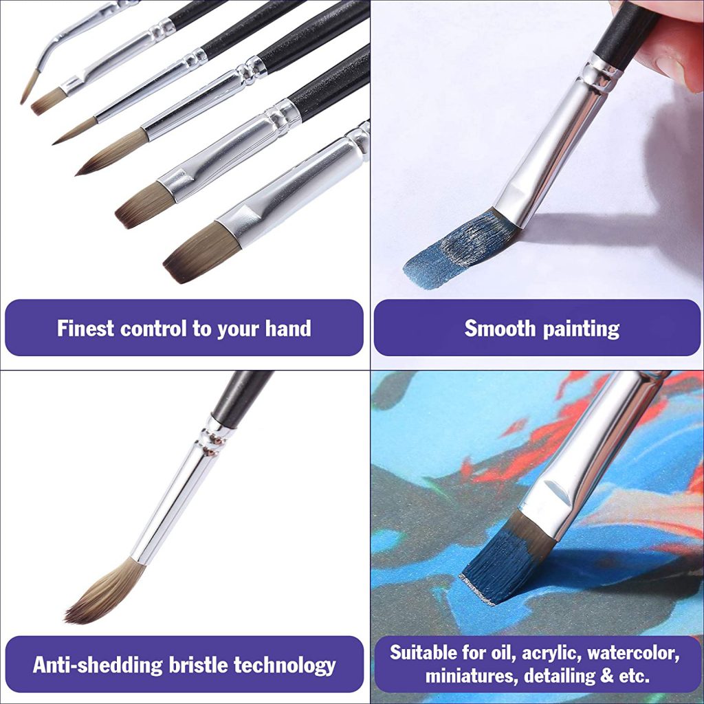 OOKU 6 Pc Detail Paint Brushes for Acrylic Oil Painting Fine Tip