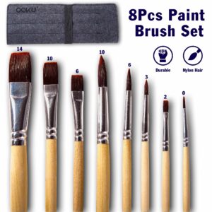 OOKU Paint Brush Set 8 Pc- Durable Nylon Flat Brush, Anti-Shedding Watercolor Brushes for Acrylic, Gouache, Oil Paint Brushes | Professional Watercolor Brush with Wood Handle and Wool Pouch