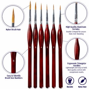 OOKU Detail Paint Brush Set 6 Pc - Professional Tiny Minature Fine Detail Brushes for Art Painting, Face Painting, Miniatures, Detailing, Model Craft Art Painting - Red Wooden Handle
