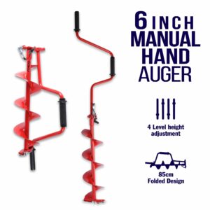 OOKU Ice Fishing Manual Hand Auger Set | 6 inch with Centering Point | 4 Position Height Adjustment | Ergonomically Designed for Easy use | 1 Blade Changing Wrench & Set of Blade for Free