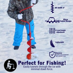 OOKU Ice Fishing Manual Hand Auger Set | 6 inch with Centering Point | 4 Position Height Adjustment | Ergonomically Designed for Easy use | 1 Blade Changing Wrench & Set of Blade for Free
